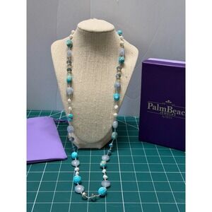 Palm Beach Jewelry SETA Blue‎ Stone White Pearl Faceted Grey Bead Long Necklace